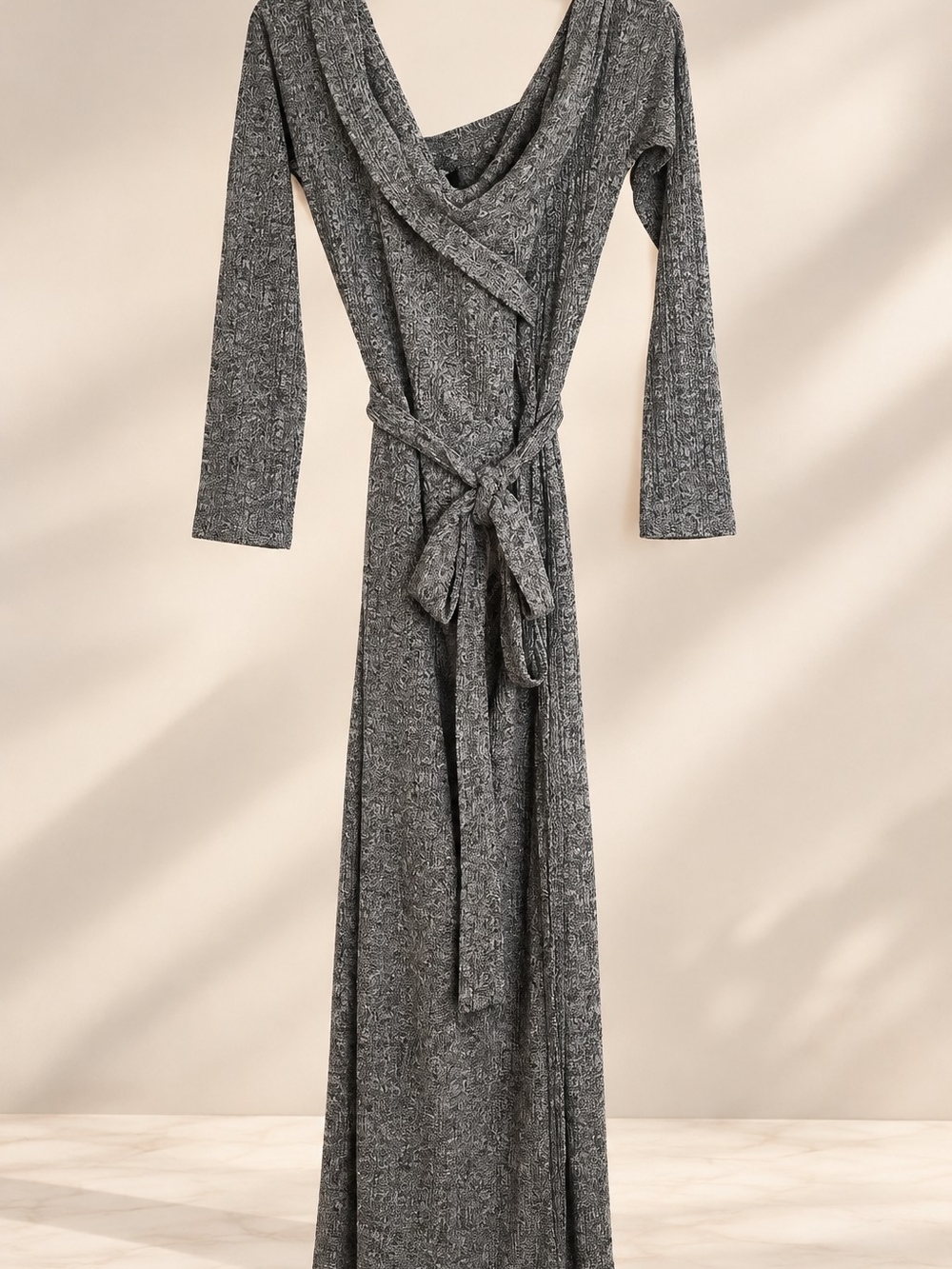 Off-Shoulder Long Sleeve Gray Ribbed Knit Dress with Side Slit | XL - Picture 2 of 2